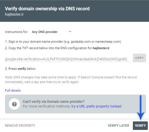 domain verify in google search console